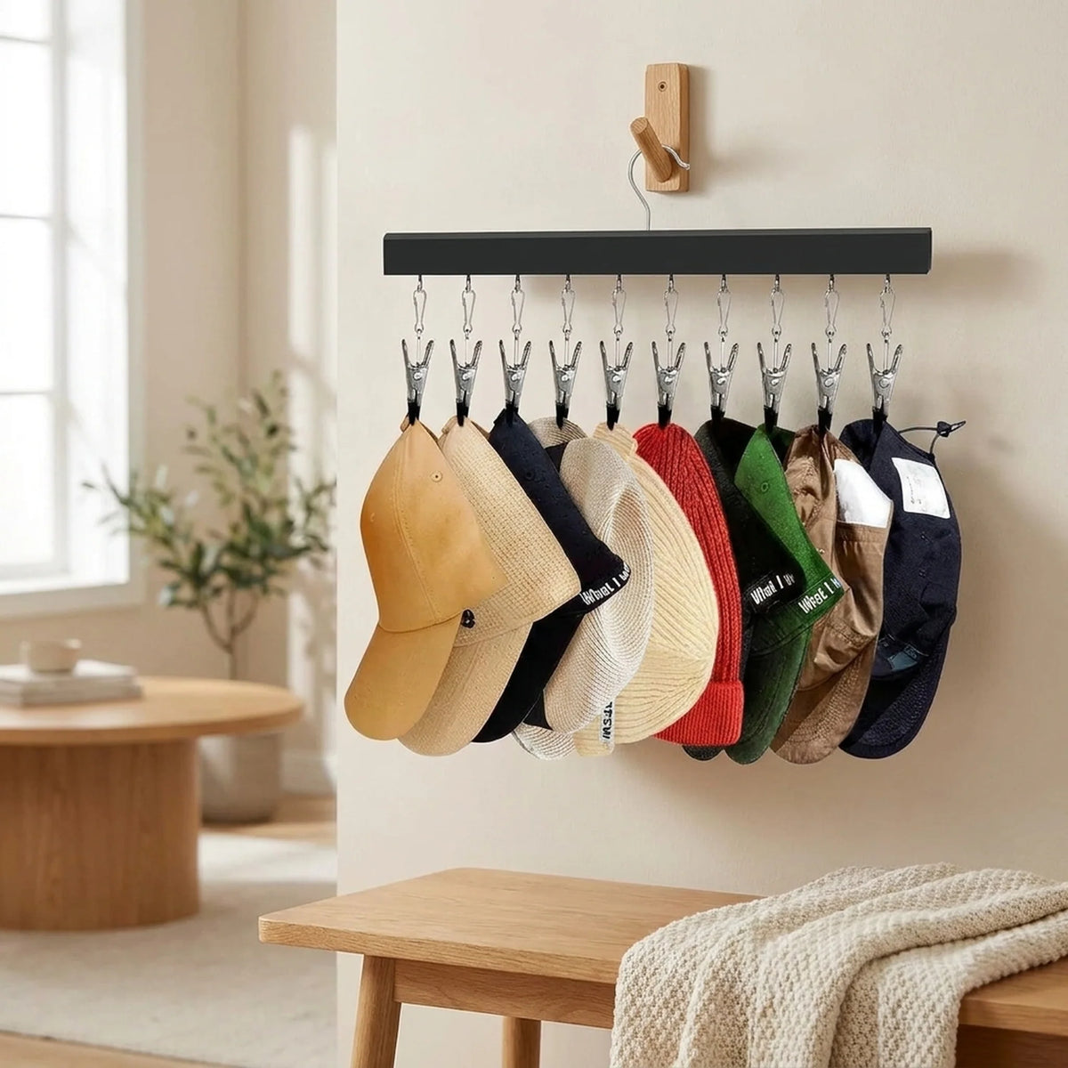 Hat Organizer Wall-Mounted Wooden Frame Holds 12 Hats