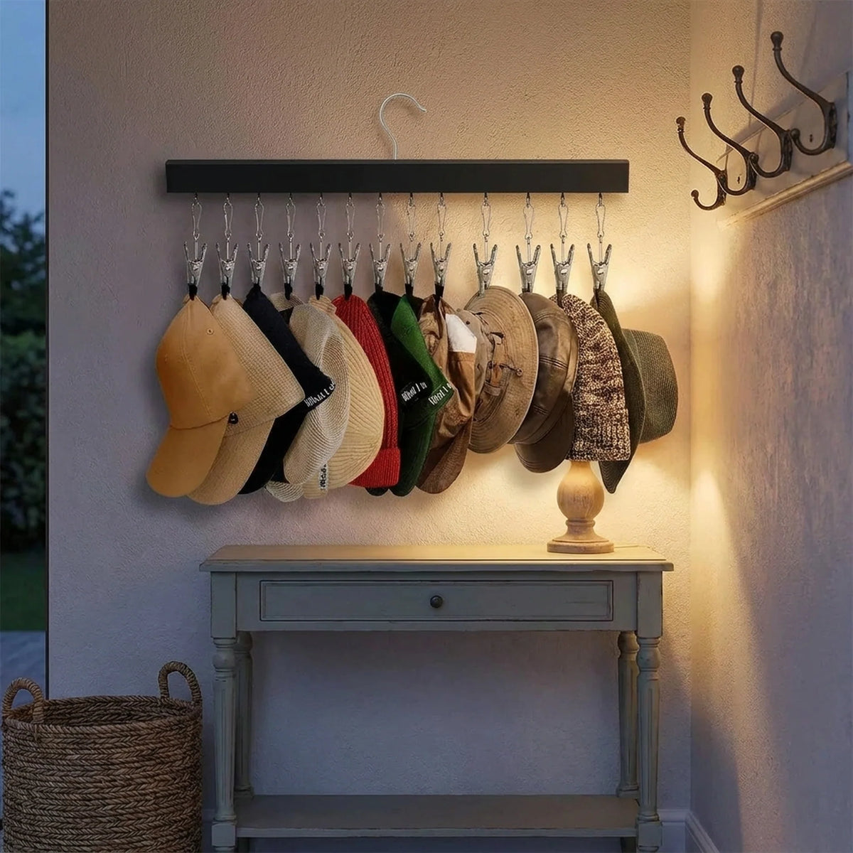 Hat Organizer Wall-Mounted Wooden Frame Holds 12 Hats