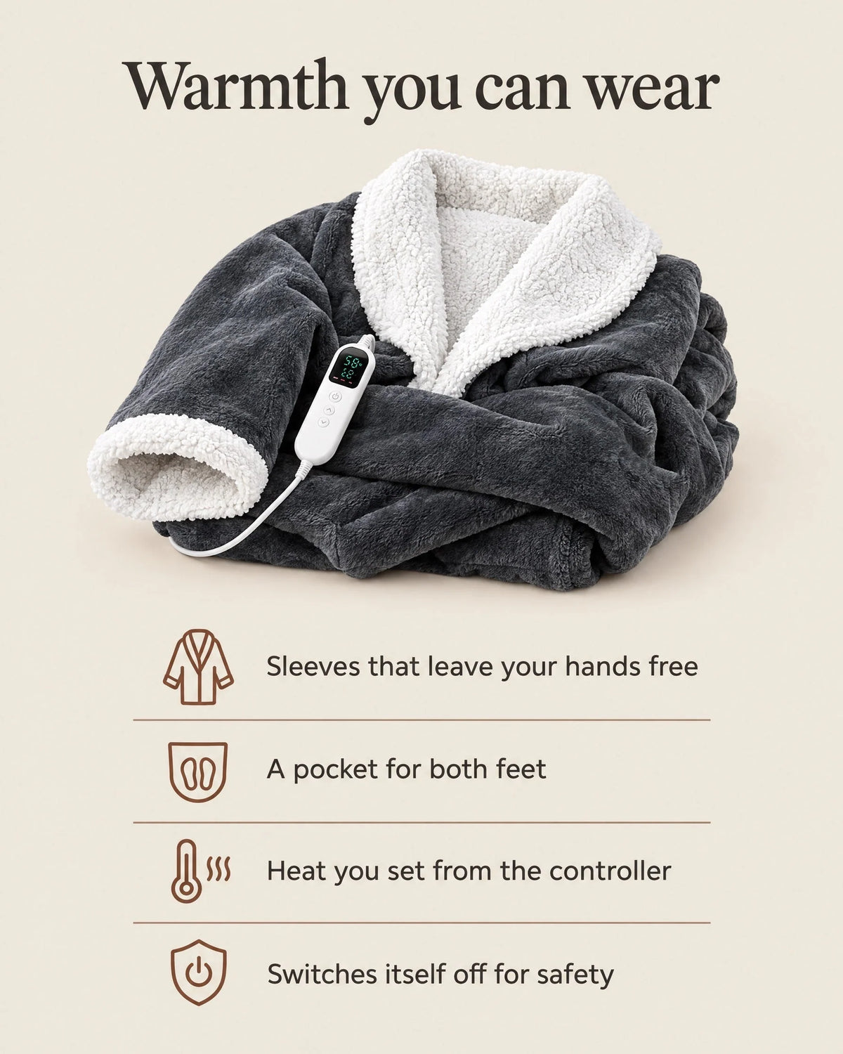 Heated Blanket Robe Sleeves & Foot Pocket Adjustable Heat Control