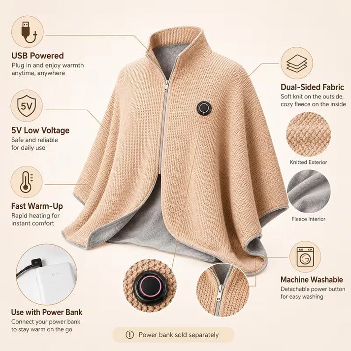 Heated Blanket Shawl USB-Powered Oversized Back & Shoulder Warmth