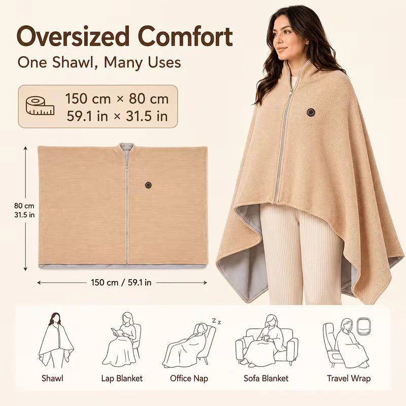 Heated Blanket Shawl USB-Powered Oversized Back & Shoulder Warmth
