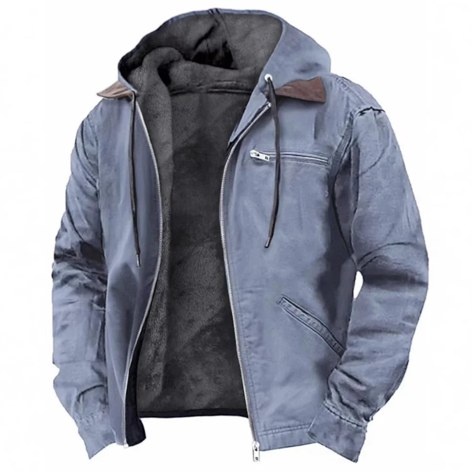 Hooded Jacket Faux Leather Look Teddy Fleece Lined Zipper Pockets