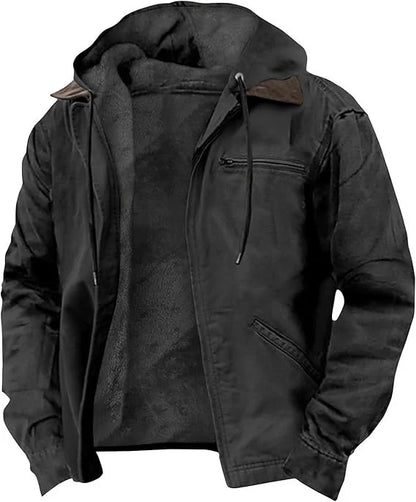 Hooded Jacket Faux Leather Look Teddy Fleece Lined Zipper Pockets