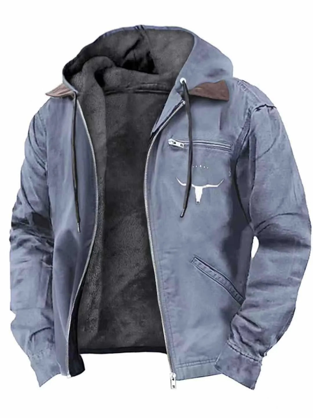 Hooded Jacket Faux Leather Look Teddy Fleece Lined Zipper Pockets