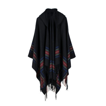 Hooded Poncho Oversized Striped Tassel Acrylic Blend