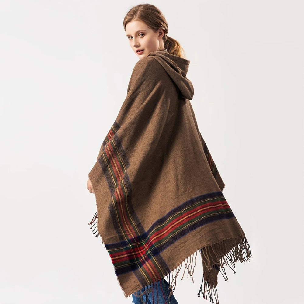 Hooded Poncho Oversized Striped Tassel Acrylic Blend