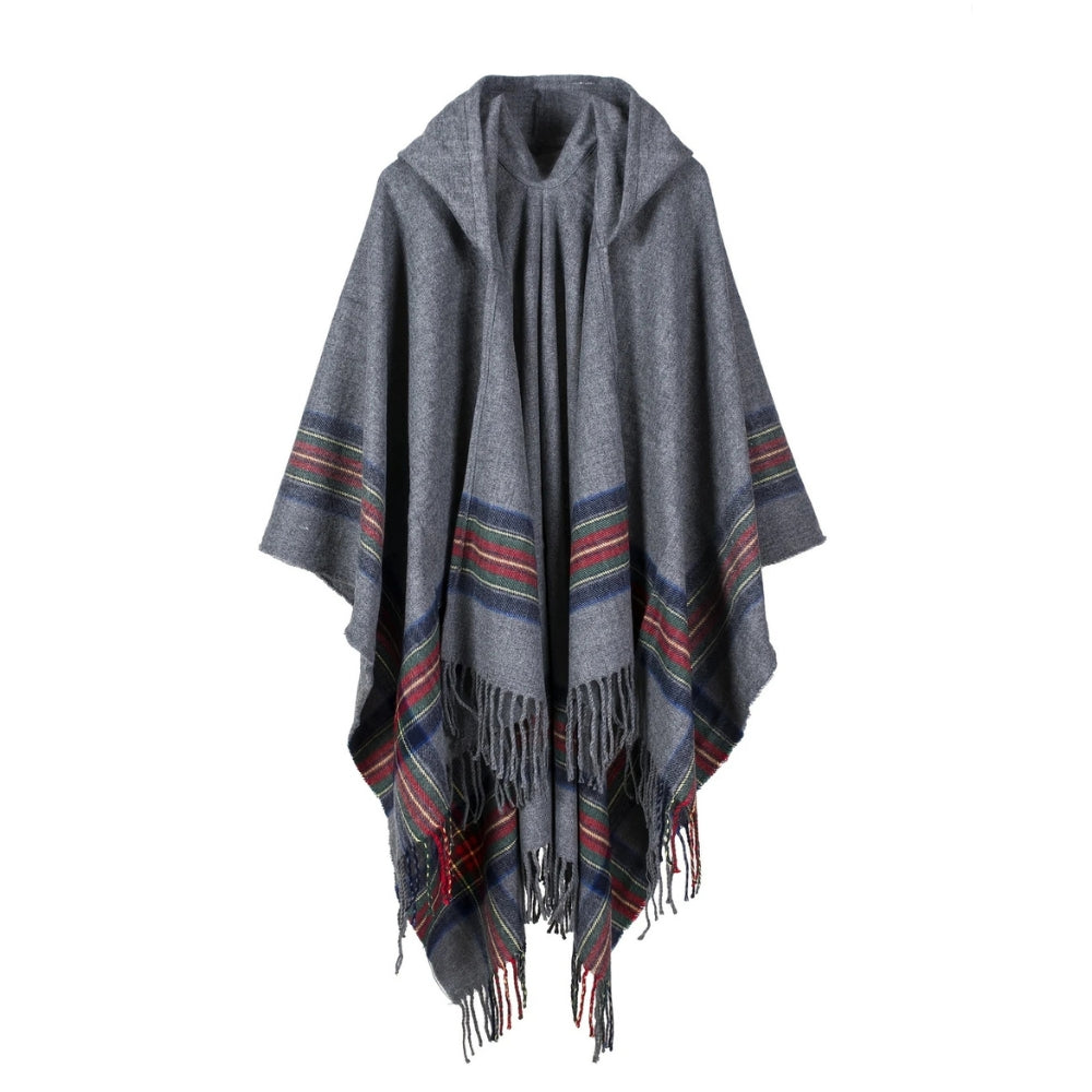 Hooded Poncho Oversized Striped Tassel Acrylic Blend