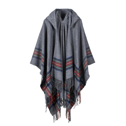 Hooded Poncho Oversized Striped Tassel Acrylic Blend