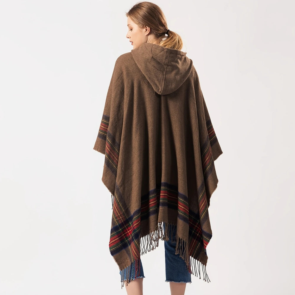 Hooded Poncho Oversized Striped Tassel Acrylic Blend