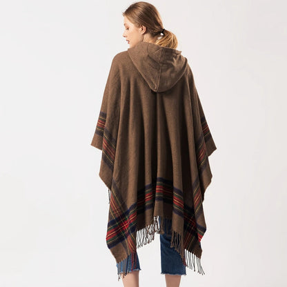 Hooded Poncho Oversized Striped Tassel Acrylic Blend