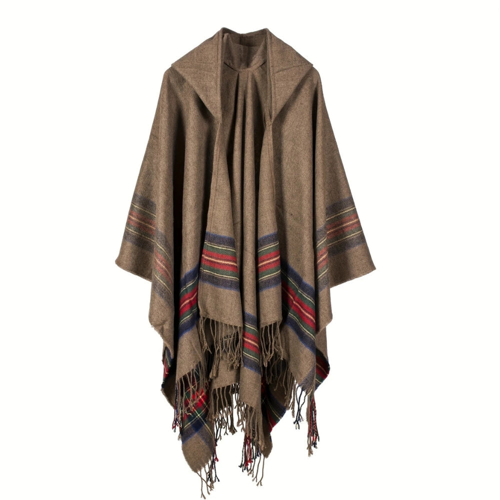 Hooded Poncho Oversized Striped Tassel Acrylic Blend