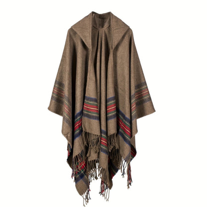 Hooded Poncho Oversized Striped Tassel Acrylic Blend