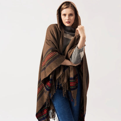 Hooded Poncho Oversized Striped Tassel Acrylic Blend