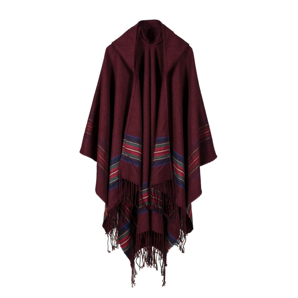 Hooded Poncho Oversized Striped Tassel Acrylic Blend