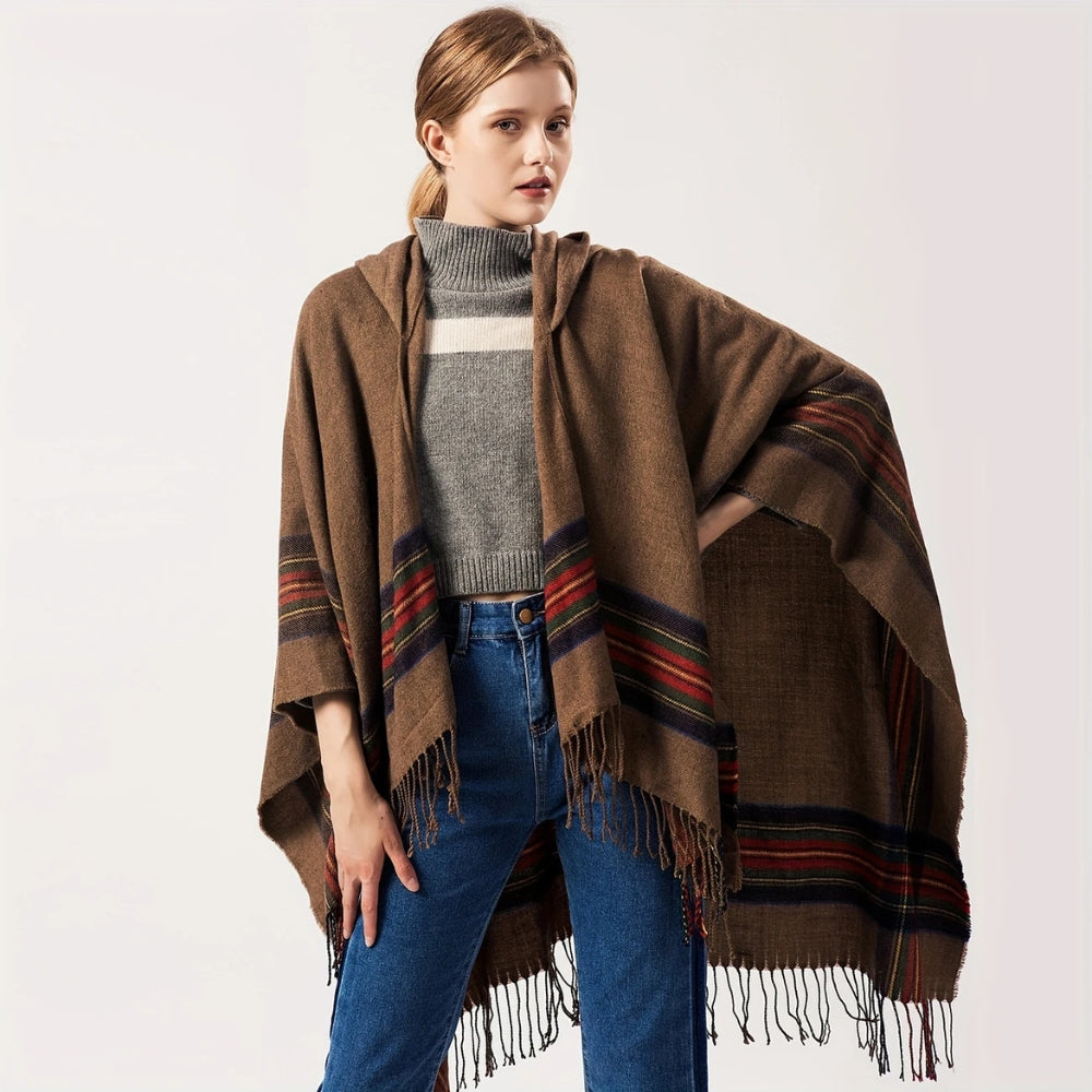 Hooded Poncho Oversized Striped Tassel Acrylic Blend