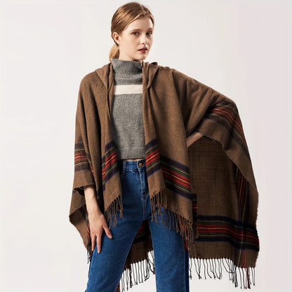 Hooded Poncho Oversized Striped Tassel Acrylic Blend