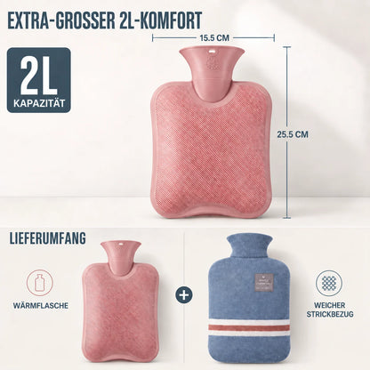 Hot Water Bottle Knitted Cover 1L Capacity Heat Retention Up to 8 Hours