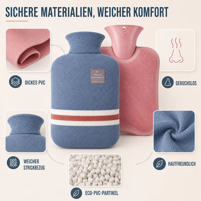 Hot Water Bottle Knitted Cover 1L Capacity Heat Retention Up to 8 Hours