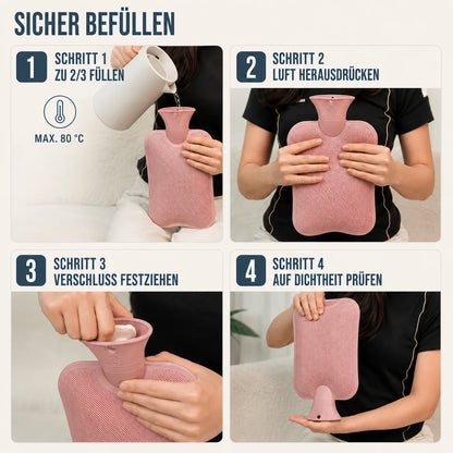 Hot Water Bottle Knitted Cover 1L Capacity Heat Retention Up to 8 Hours