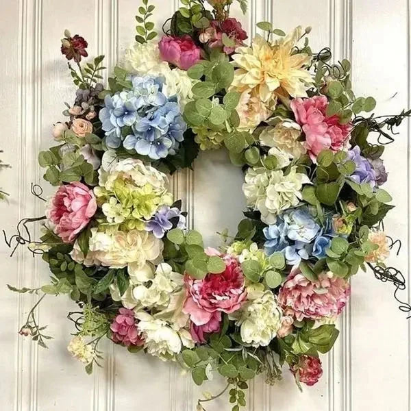 Hydrangea Wreath Rainbow Floral Weather-Resistant 13.8-Inch