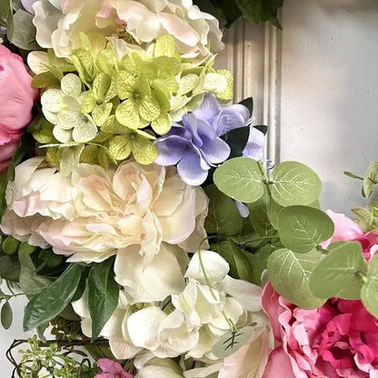 Hydrangea Wreath Rainbow Floral Weather-Resistant 13.8-Inch