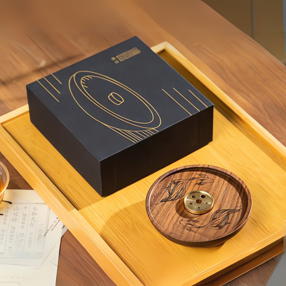 Incense Holder Wooden Base Polished Copper Sticks & Cones
