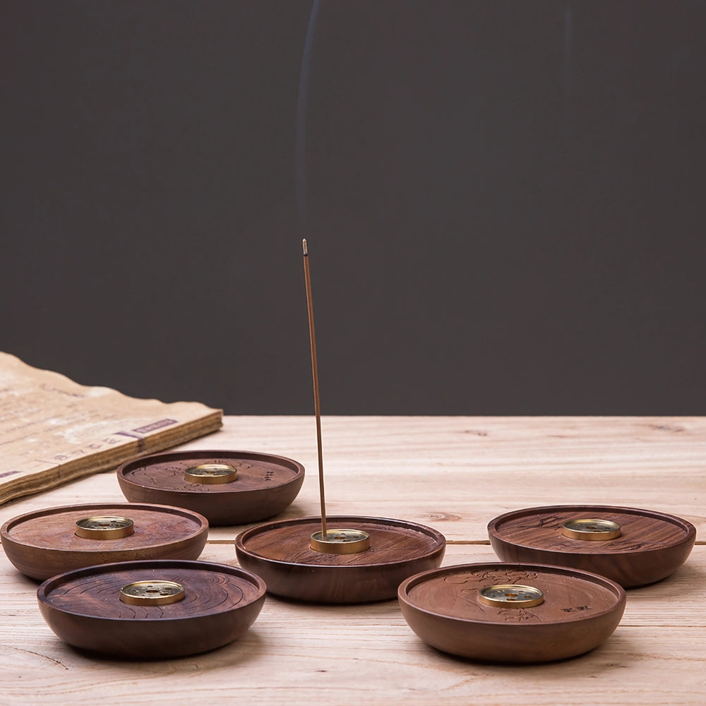 Incense Holder Wooden Base Polished Copper Sticks & Cones