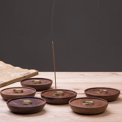 Incense Holder Wooden Base Polished Copper Sticks & Cones