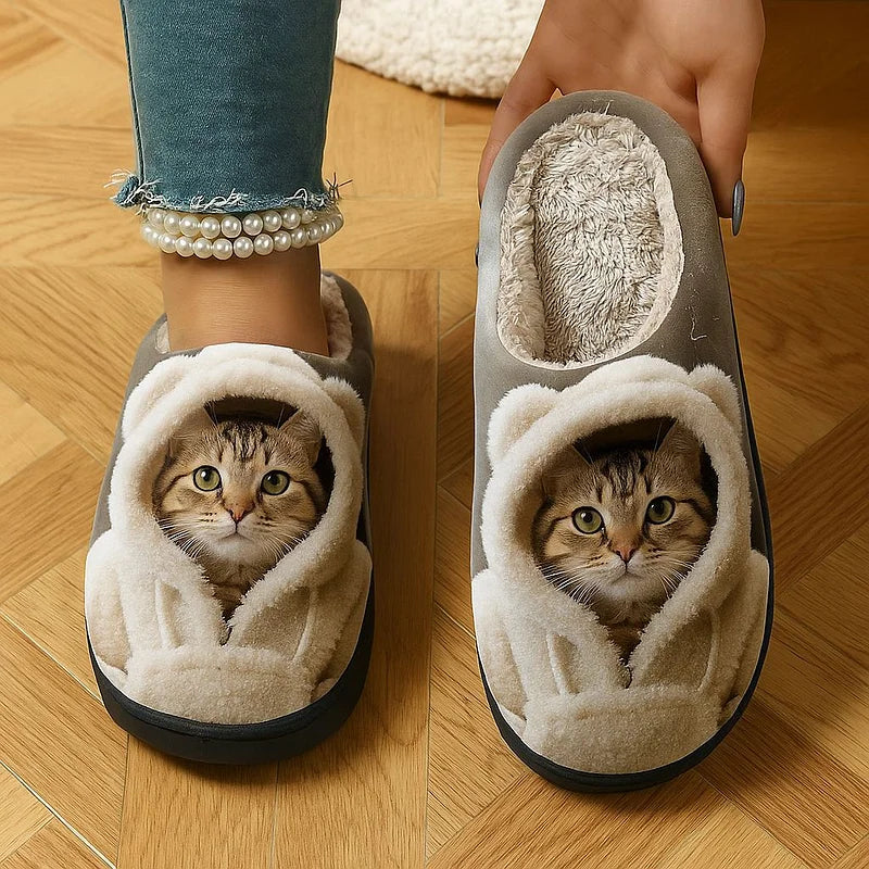 Indoor Slippers 3D Cat Design Faux Fur Lining Non-Slip Sole