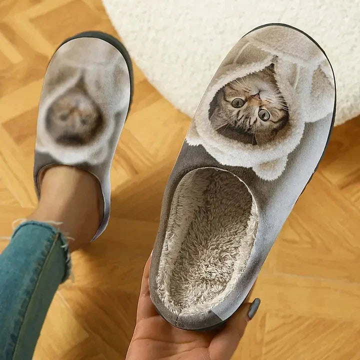 Indoor Slippers 3D Cat Design Faux Fur Lining Non-Slip Sole
