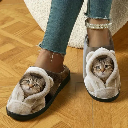 Indoor Slippers 3D Cat Design Faux Fur Lining Non-Slip Sole