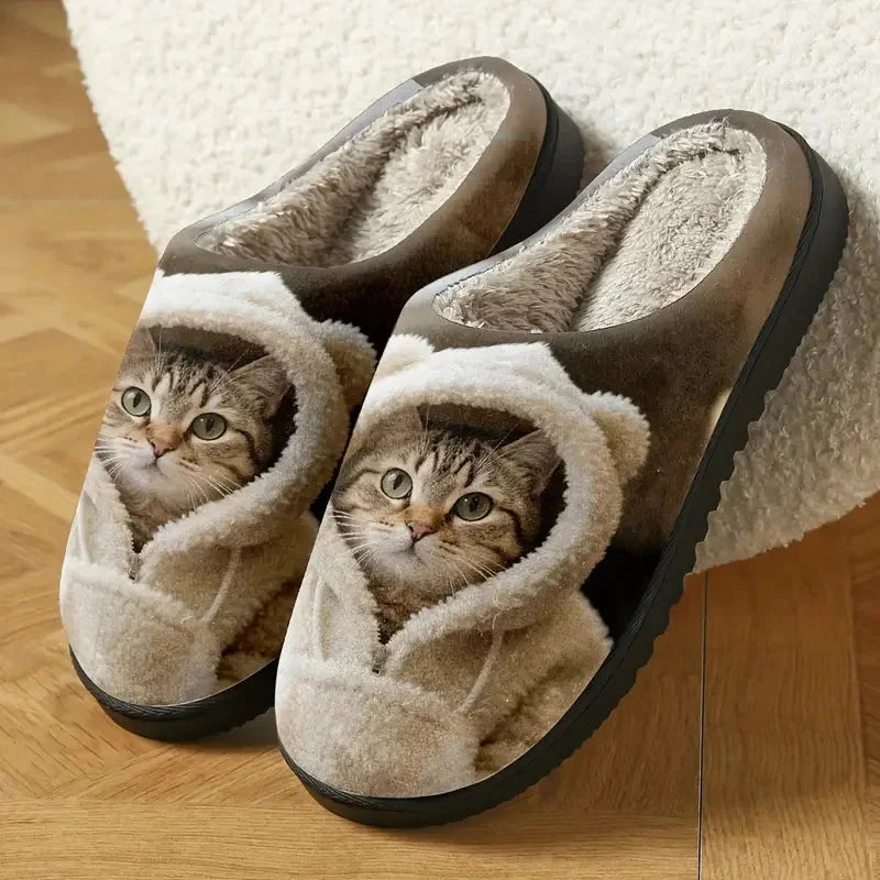 Indoor Slippers 3D Cat Design Faux Fur Lining Non-Slip Sole