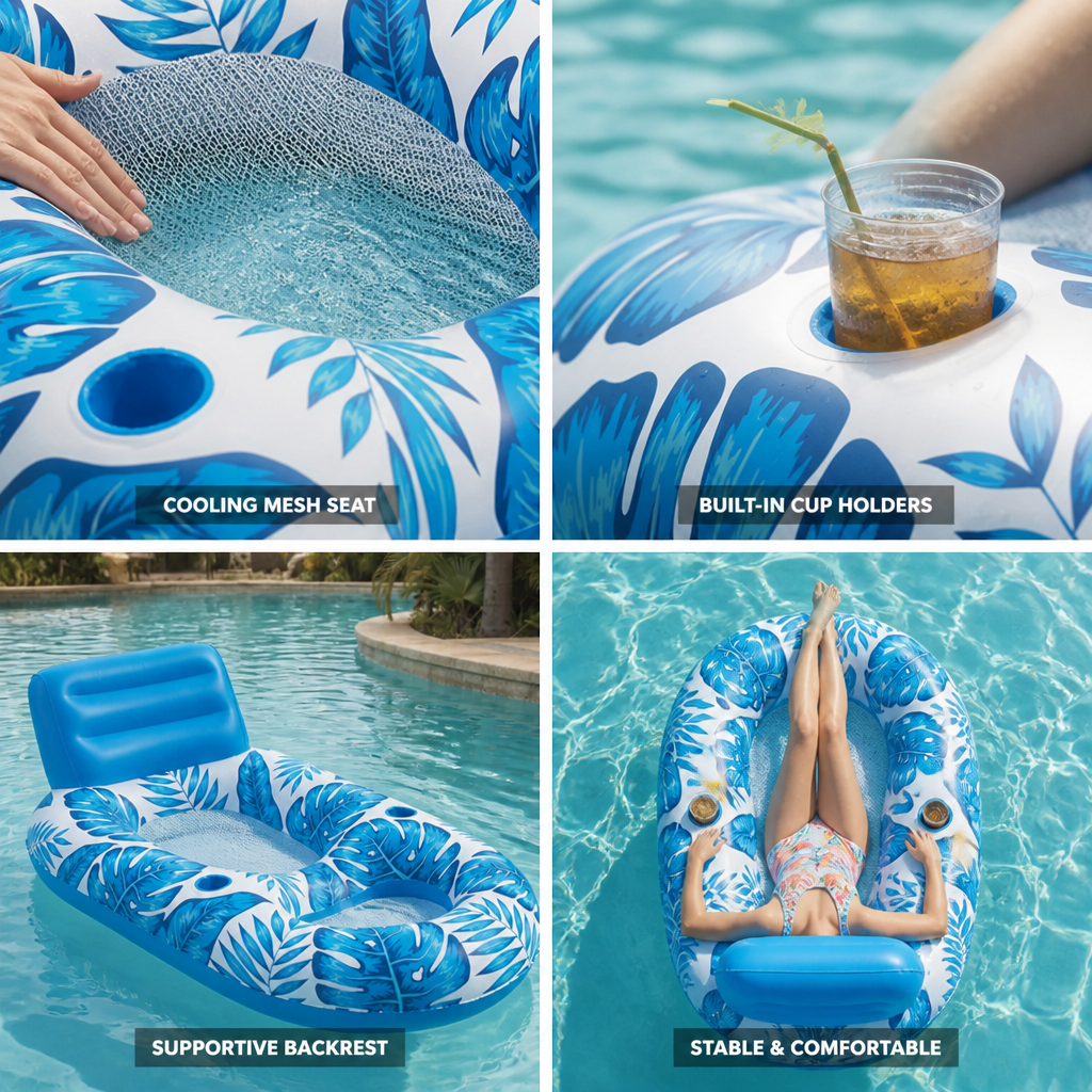 Inflatable Pool Lounger Cooling Mesh Seat & Cup Holders