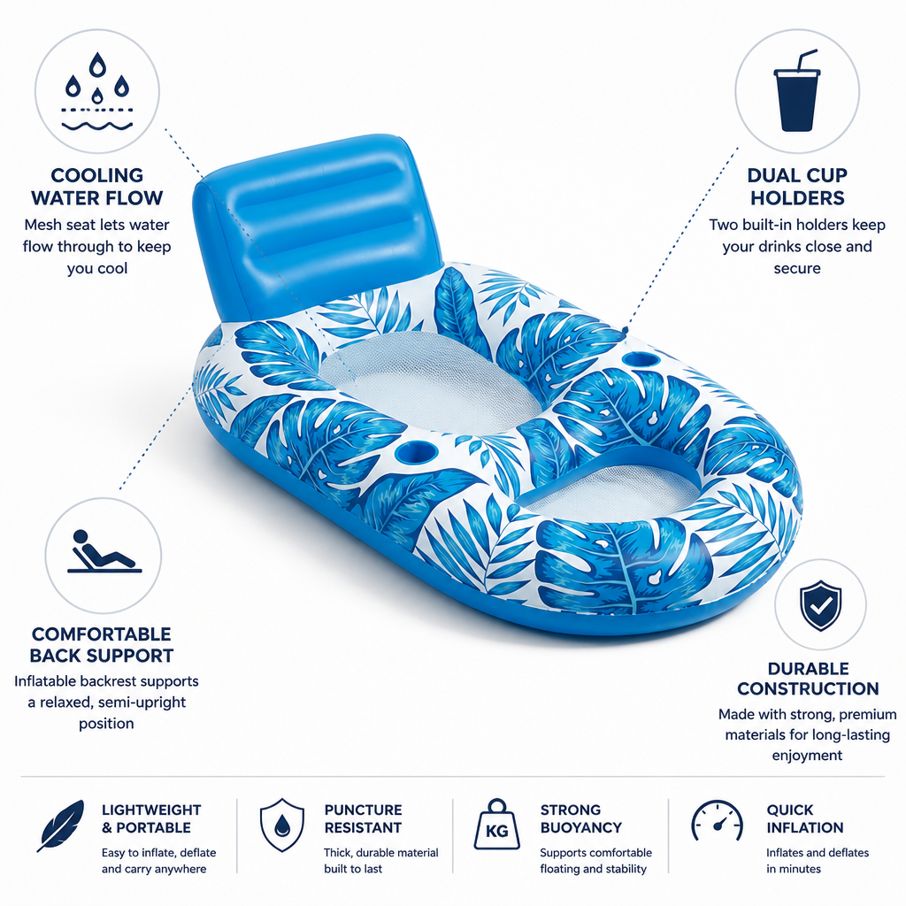 Inflatable Pool Lounger Cooling Mesh Seat & Cup Holders