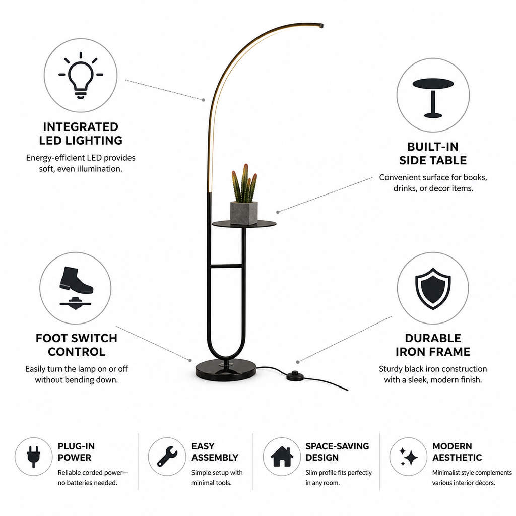 Integrated LED & Side Table Arc Floor Lamp