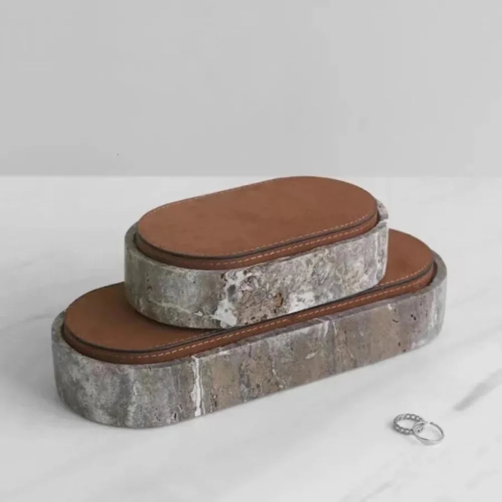 Jewelry Storage Box Travertine Stone Leather-Look Lid
