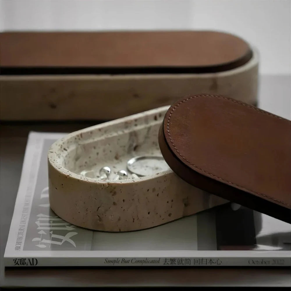 Jewelry Storage Box Travertine Stone Leather-Look Lid