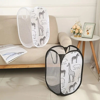 Kids Laundry Basket Animal Print Foldable Breathable Mesh