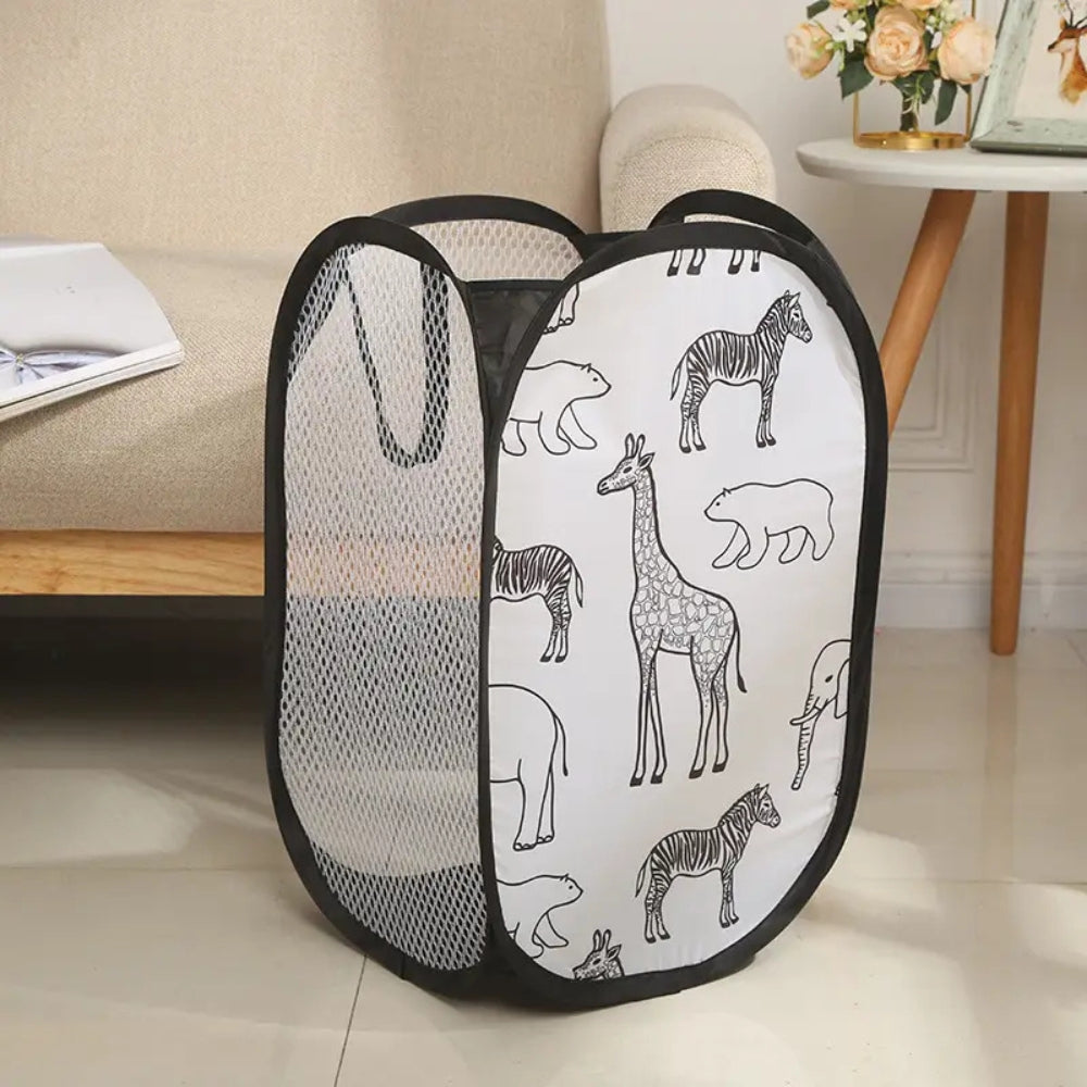 Kids Laundry Basket Animal Print Foldable Breathable Mesh