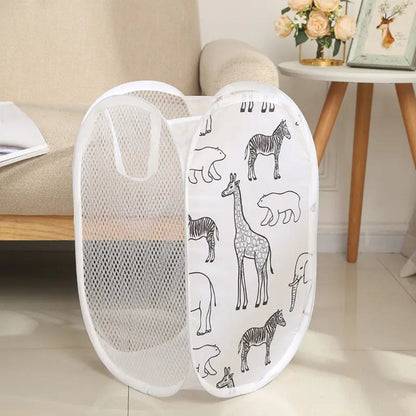 Kids Laundry Basket Animal Print Foldable Breathable Mesh