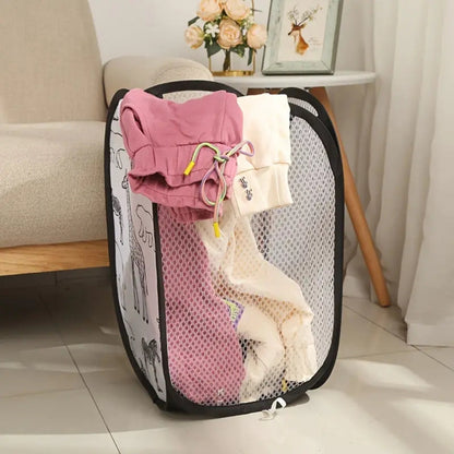 Kids Laundry Basket Animal Print Foldable Breathable Mesh