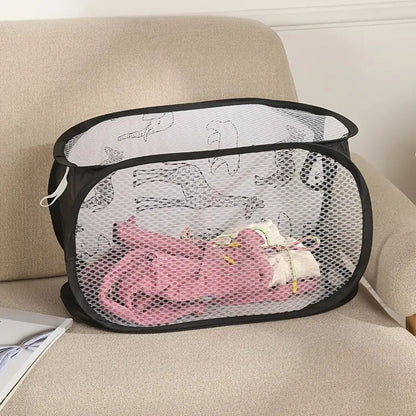 Kids Laundry Basket Animal Print Foldable Breathable Mesh