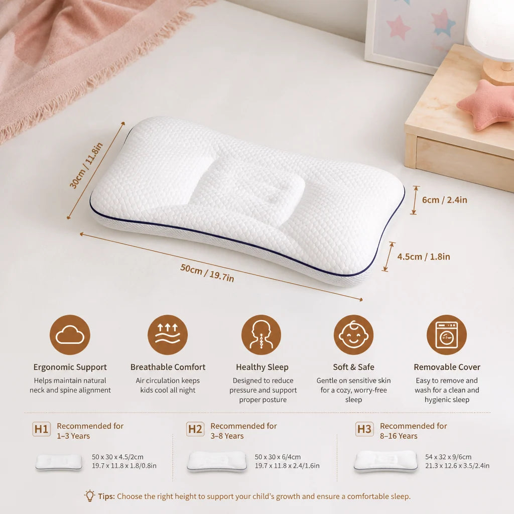 Kids Pillow Memory Foam Contoured Neck Support Breathable