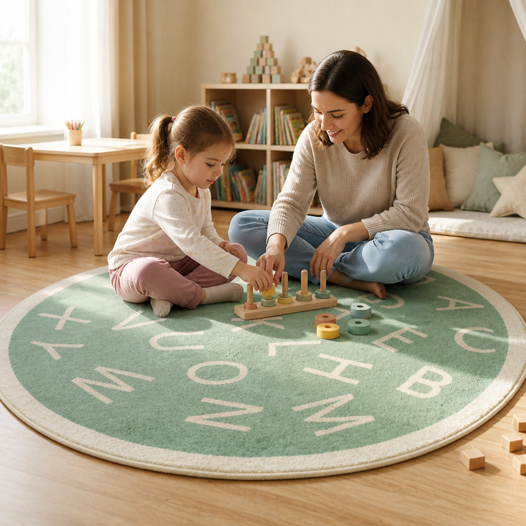 Kids Round Play Rug Plush Alphabet Design Machine Washable