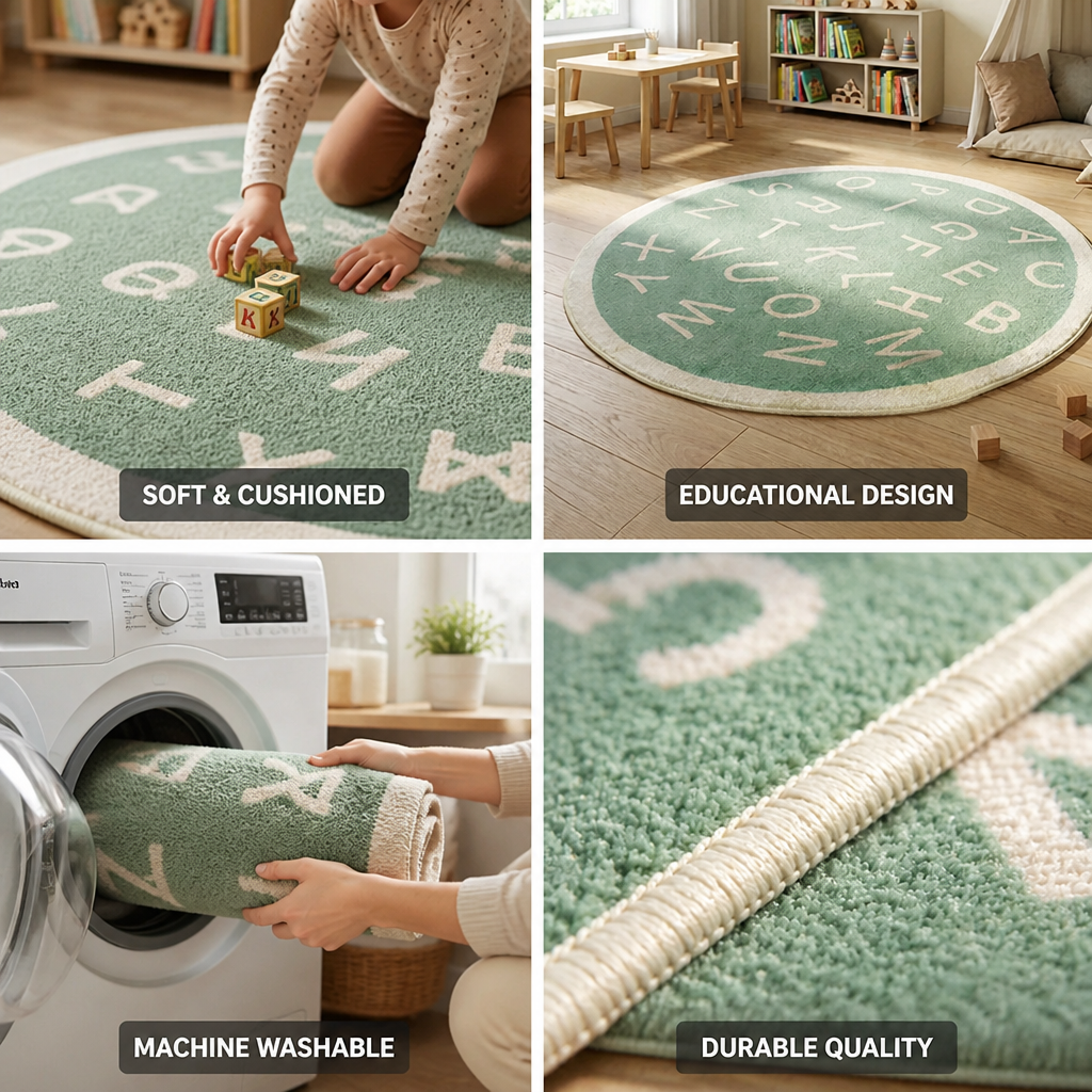 Kids Round Play Rug Plush Alphabet Design Machine Washable