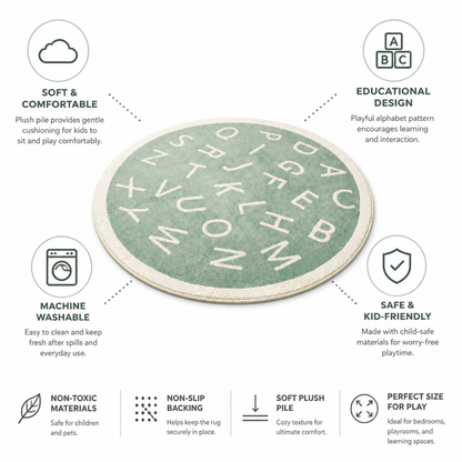 Kids Round Play Rug Plush Alphabet Design Machine Washable