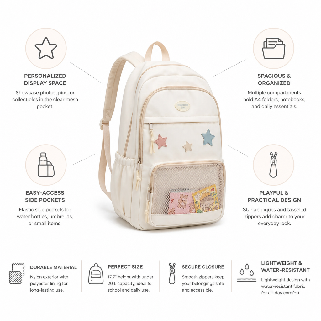 Kids School Backpack Clear Display Pocket Fits A4