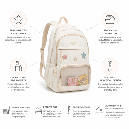 Kids School Backpack Clear Display Pocket Fits A4