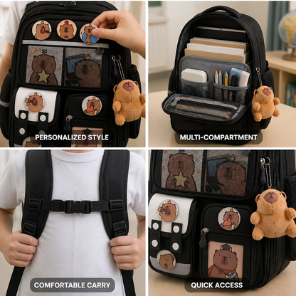 Kids School Backpack Multi-Compartment Personalized Badges & Plush