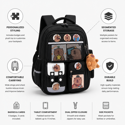 Kids School Backpack Multi-Compartment Personalized Badges & Plush
